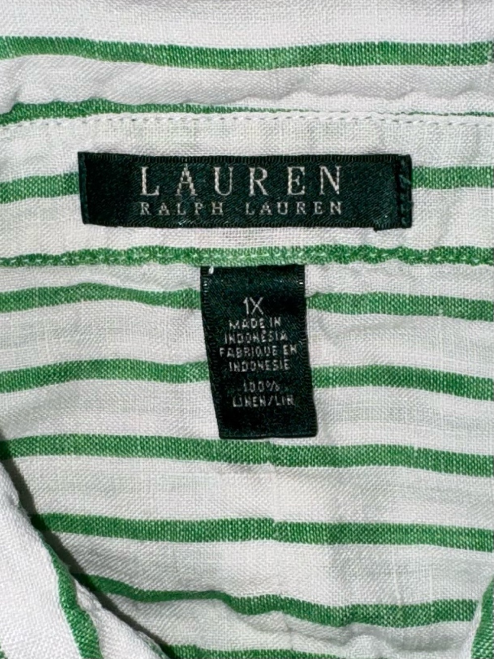 Lauren Ralph Lauren 100% Linen Green White Stripe Button Front Shirt Roll Tab 1X - Picture 4 of 9